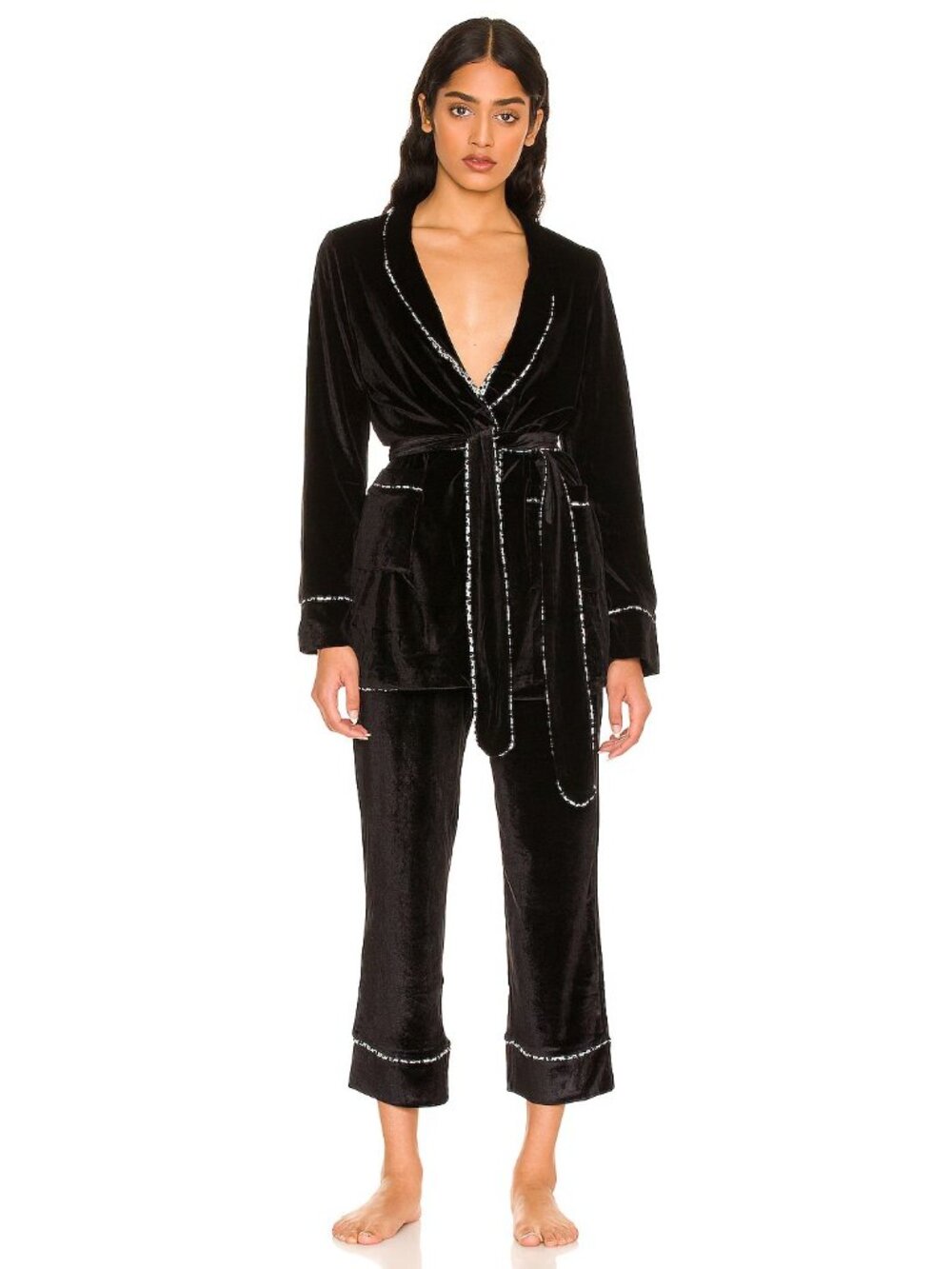 Plush Velvet Wrap Jacket and Cropped Pant Pajama Set Black Star